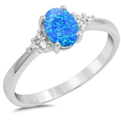 Blue Opal Oval & Round Cubic Zirconia .925 Sterling Silver Ring Sizes 4-10