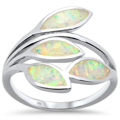White Opal Olive Branch Tree Leaf .925 Sterling Silver Ring Size 5-10