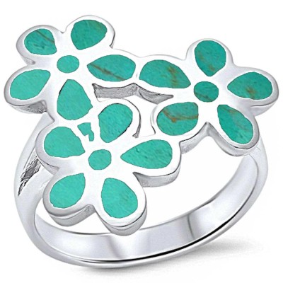 Turquoise Shell Inlay Plumeria .925 Sterling Silver Ring Sizes 5-6