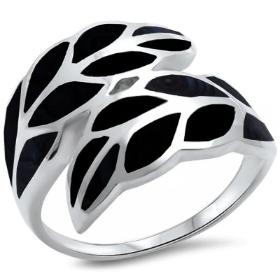 Black Onyx Inlay Leaf .925 Sterling Silver Ring Sizes 5-12