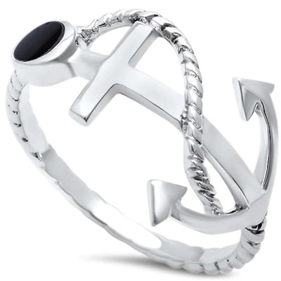 Black Onyx Anchor .925 Sterling Silver Ring Sizes 4-11