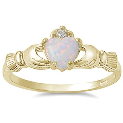 Yellow Gold Plated White Opal Claddagh .925 Sterling Silver Ring Sizes 6-8