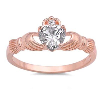 Rose Gold Plated And CZ Claddagh .925 Sterling Silver Ring Sizes 5-12