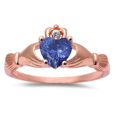 Rose Gold Plated Tanzanite & Cubic Zirconia Claddagh .925 Sterling Silver Ring Sizes 3-12