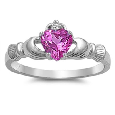 Rose Pink Cz & Cubic Zirconia Claddagh .925 Sterling Silver Ring Sizes 3-12