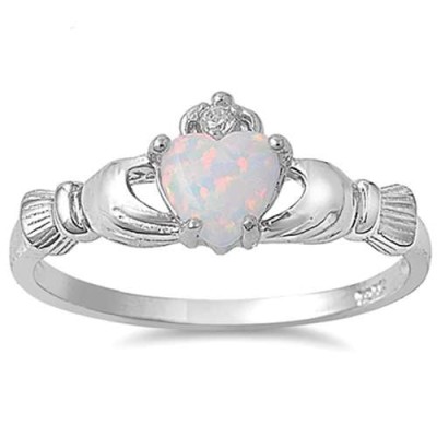 White Opal Claddagh Ring .925 Sterling Silver Sizes 3-13