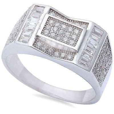 Men's 2ct Baguette & Pave Cz Hiphop Fashion .925 Sterling Silver Ring Size 8
