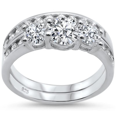 2CT Round CZ Three Stone .925 Sterling Silver Ring Sizes 6-8