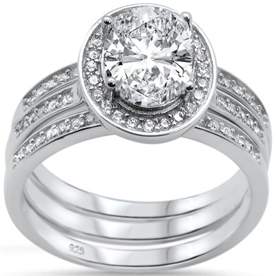 Oval Three Piece Engagement .925 Sterling Silver Bridal Ring Set Sizes 6-8