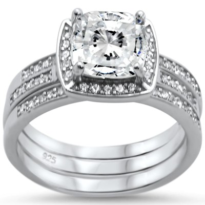 Cushion Cut Three Piece Engagement .925 Sterling Silver Ring Set Sizes 6-8