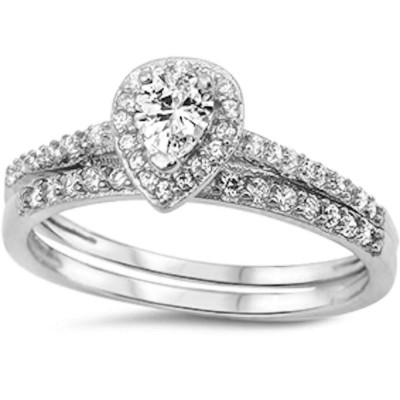 Beautiful Pear Cubic Zirconia Bridal Set .925 Sterling Silver Ring Sizes 5-10