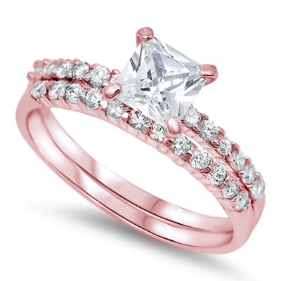 Rose Gold Plated Cushion Cut Round Solitaire Wedding Set .925 Sterling Silver Sizes 5-6,9-10