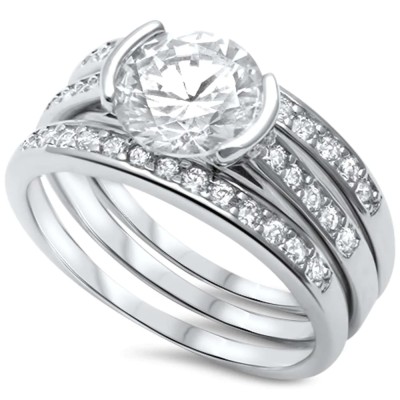 Modern Half Bezel Set Round CZ Three Stone Bridal Set .925 Sterling Silver Ring Sizes 5-11