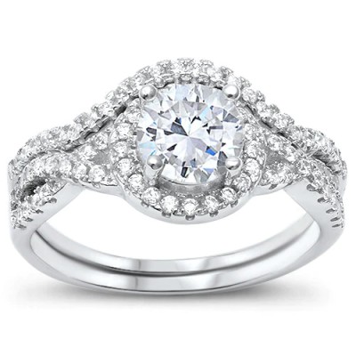 Prong Wedding Set Round CZ .925 Sterling Silver Ring Sizes 5-10