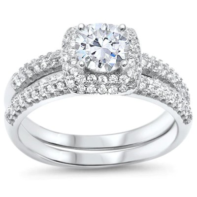 Solitaire Wedding Set Round CZ .925 Sterling Silver Ring Sizes 4-11