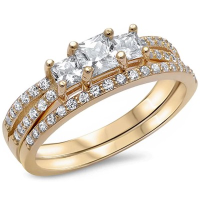 LabYellow Gold Plated Princess Cut Cz Engagement Set .925 Sterling Silver Sizes 4-12