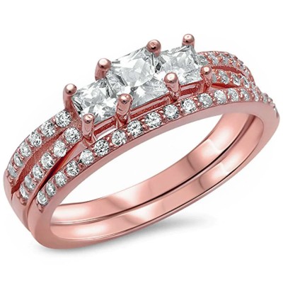 LabRose Gold Plated Princess Cut Cz Engagement Set .925 Sterling Silver Sizes 4-11