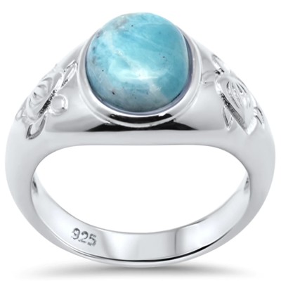 Natural Oval Larimar & Turtle .925 Sterling Silver Ring Sizes 5-10