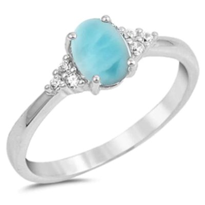 Oval Natural Larimar & Round Cubic Zirconia .925 Sterling Silver Ring Sizes 5-10