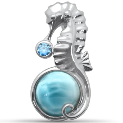 Round Shaped Natural Larimar Seahorse & Aquamarine CZ .925 Sterling Silver Pendant