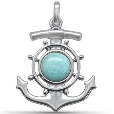Round Shaped Natural Larimar Anchor .925 Sterling Silver Pendant