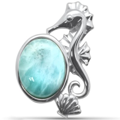 Oval Shaped Natural Larimar Seahorse & Aquamarine CZ .925 Steling Silver Pendant