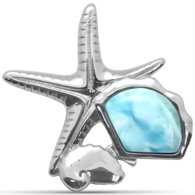 Natural Larimar Conch And Starfish & Aquamarine CZ .925 Steling Silver Pendant