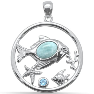 Oval Shaped Natural Larimar Fish & Aquamarine CZ .925 Steling Silver Pendant