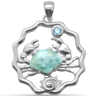 Natural Larimar Crab, Shell & Aquamarine CZ .925 Steling Silver Pendant