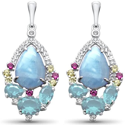 Pear Shaped Natural Larimar, Aquamarine, Multi Color & White CZ .925 Sterling Silver Earrings