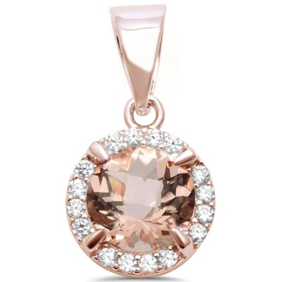 Rose Gold Plated Round Morganite & Cubic Zirconia .925 Sterling Silver Pendant