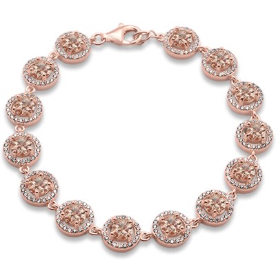 Rose Gold Plated Halo Morganite & Cubic Zirconia .925 Sterling Silver Bracelet 7.5" Long