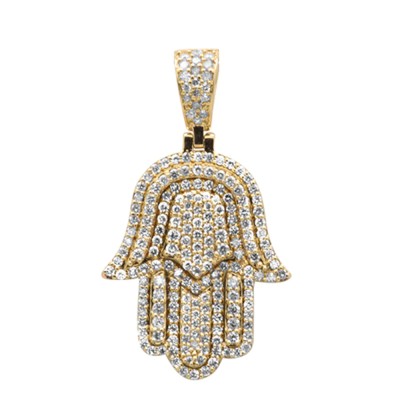 .83ct G SI 14K Yellow Gold Diamond Micro Pave Iced Out Hand Of Hamsa Charm Pendant