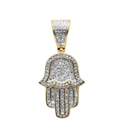 .27ct G SI 14K Yellow Gold Diamond Micro Pave Iced Out Hand Of Hamsa Charm Pendant