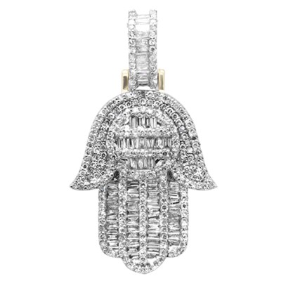 1.28ct G SI 10K Yellow Gold Diamond Round & Baguette Hand Of Hamsa Pendant