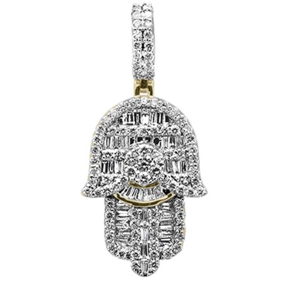 1.46ct G SI 10K Yellow Gold Baguette & Round Diamond Hand Of Hamsa Pendant