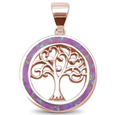 Rose Gold Plated Pink Opal Family Tree Of Life .925 Sterling Silver Pendant