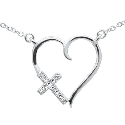 .03ct G SI 14K White Gold Diamond Heart With Cross Pendant Necklace 18" Long