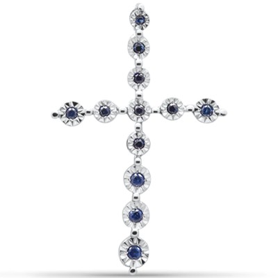 .15ct G SI 14K White Gold Diamond Blue Sapphire Gemstone Cross Pendant