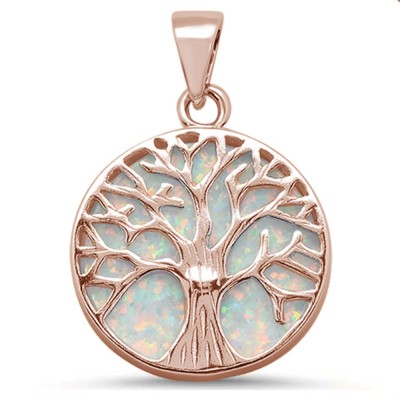 Rose Gold Plated Round White Opal Tree Of Life Design .925 Sterling Silver Pendant