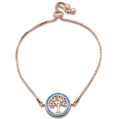 Rose Gold Plated Blue Opal Tree Of Life Whimsica .925 Sterling Silver  7-9" Adjustable Toggle Bola Bracelet Rose Gold Plated