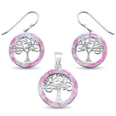 Pink Opal Tree Of Life .925 Sterling Silver Earrings & Pendant Set