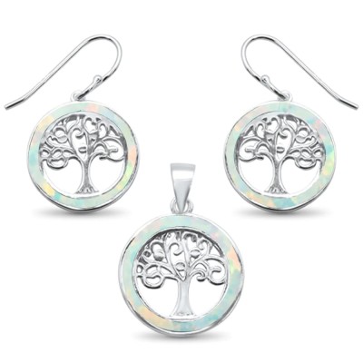 White Opal Tree Of Life .925 Sterling Silver Earrings & Pendant Set
