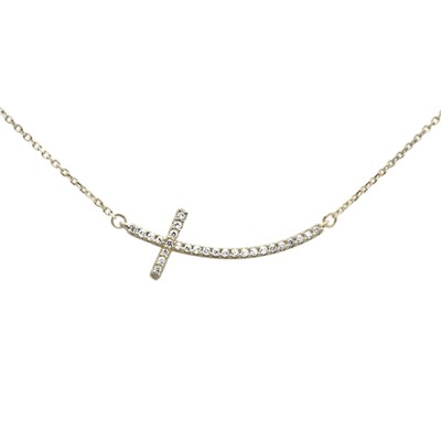 .13ct G SI 14K Yellow Gold Diamond Sideways Cross Pendant Necklace 18" Long