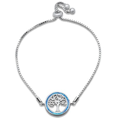 Blue Opal Round Tree Of Life Whimsica .925 Sterling Silver Bracelet 7-9" Adjustable Toggle Bola Bracelet