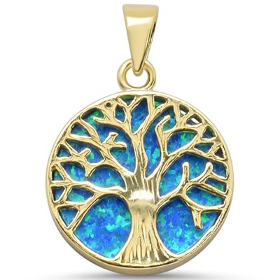 Yellow Gold Plated Round Blue Opal Tree Of Life Design .925 Sterling Silver Pendant