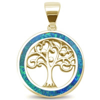 Yellow Gold Plated Blue Opal Family Tree Of Life Whimsical .925 Sterling Silver Pendant