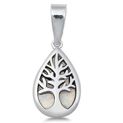 Pear Shape White Opal Tree Of Life .925 Sterling Silver Pendant