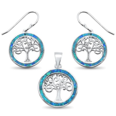 Blue Opal Tree Of Life .925 Sterling Silver Pendant & Earring Set