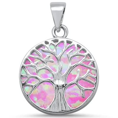 Round Pink Opal Tree Of Life Design .925 Sterling Silver Pendant